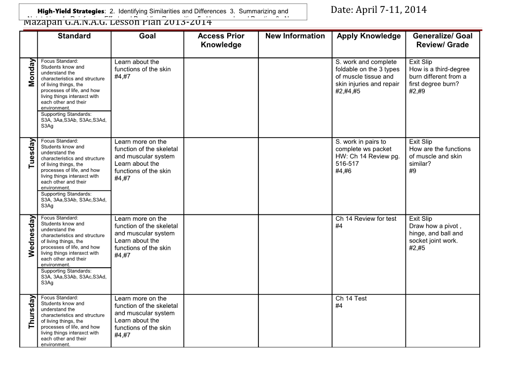 Teacher: E. Vásquez Subject: Life Science Date: April 7-11, 2014