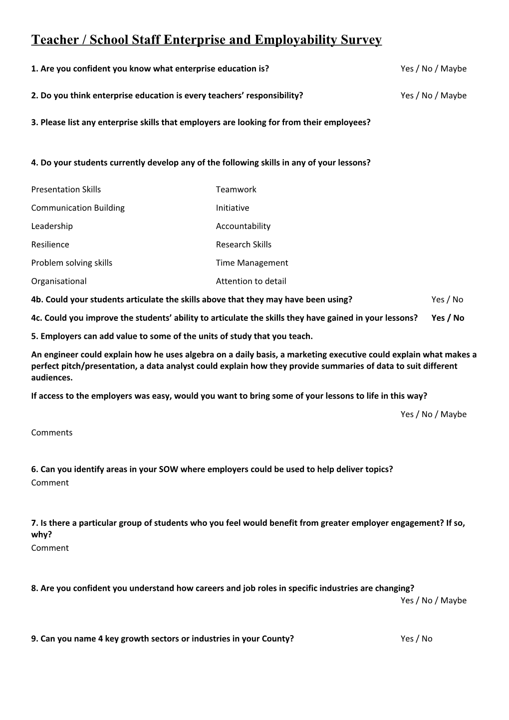 Teacher / School Staff Enterprise and Employability Survey