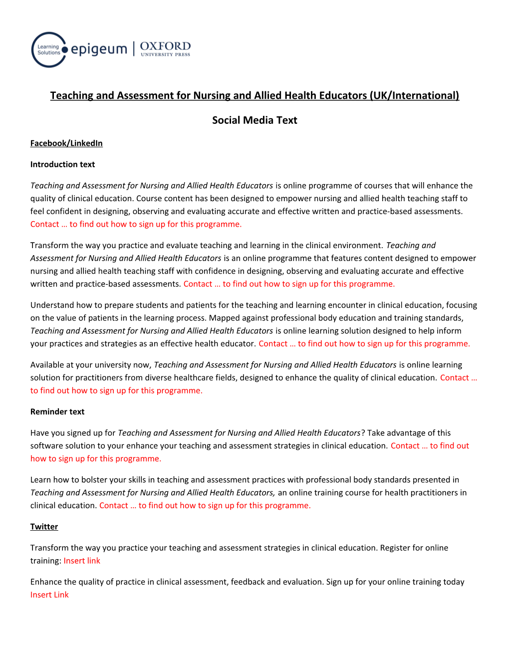 Teaching and Assessment for Nursing and Allied Health Educators (UK/International)