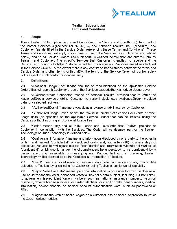 Tealium Master Services Agreement