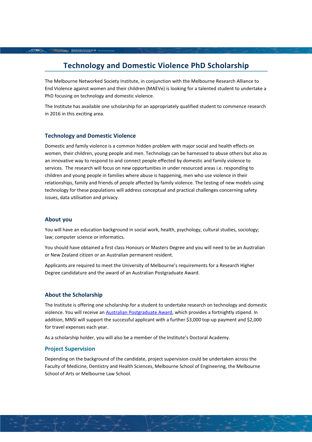 Technology and Domestic Violence Phd Scholarship