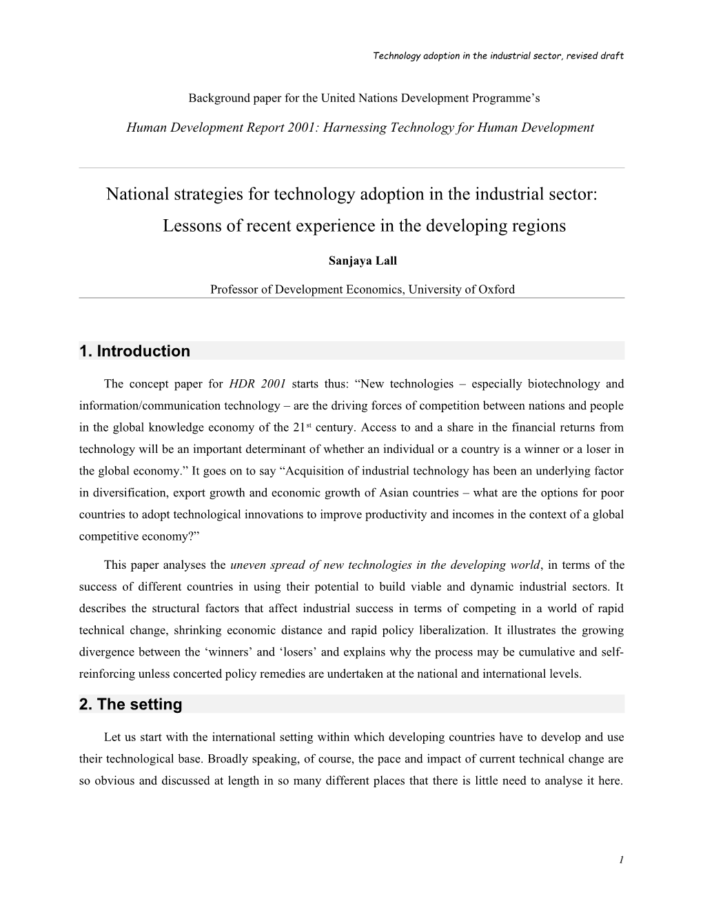 Technology and Human Development: Concept Paper on Industrial Technology