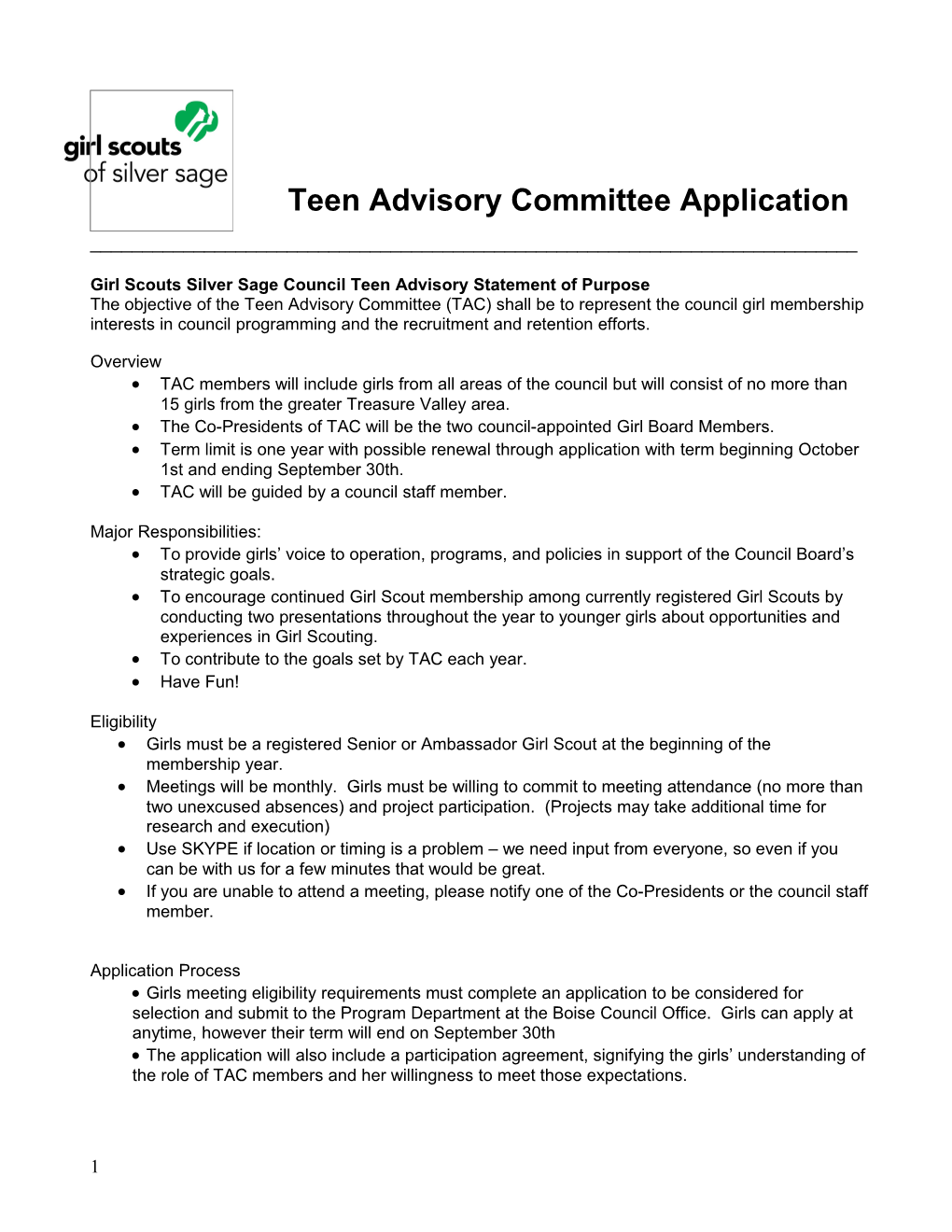 Teen Advisory Committee Application