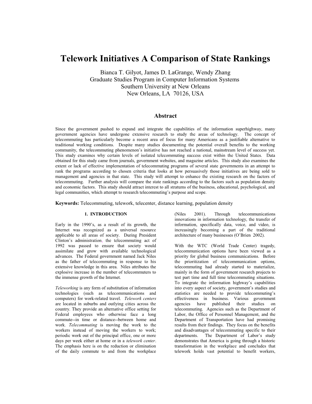 Telework Initiatives a Comparison of State Rankings