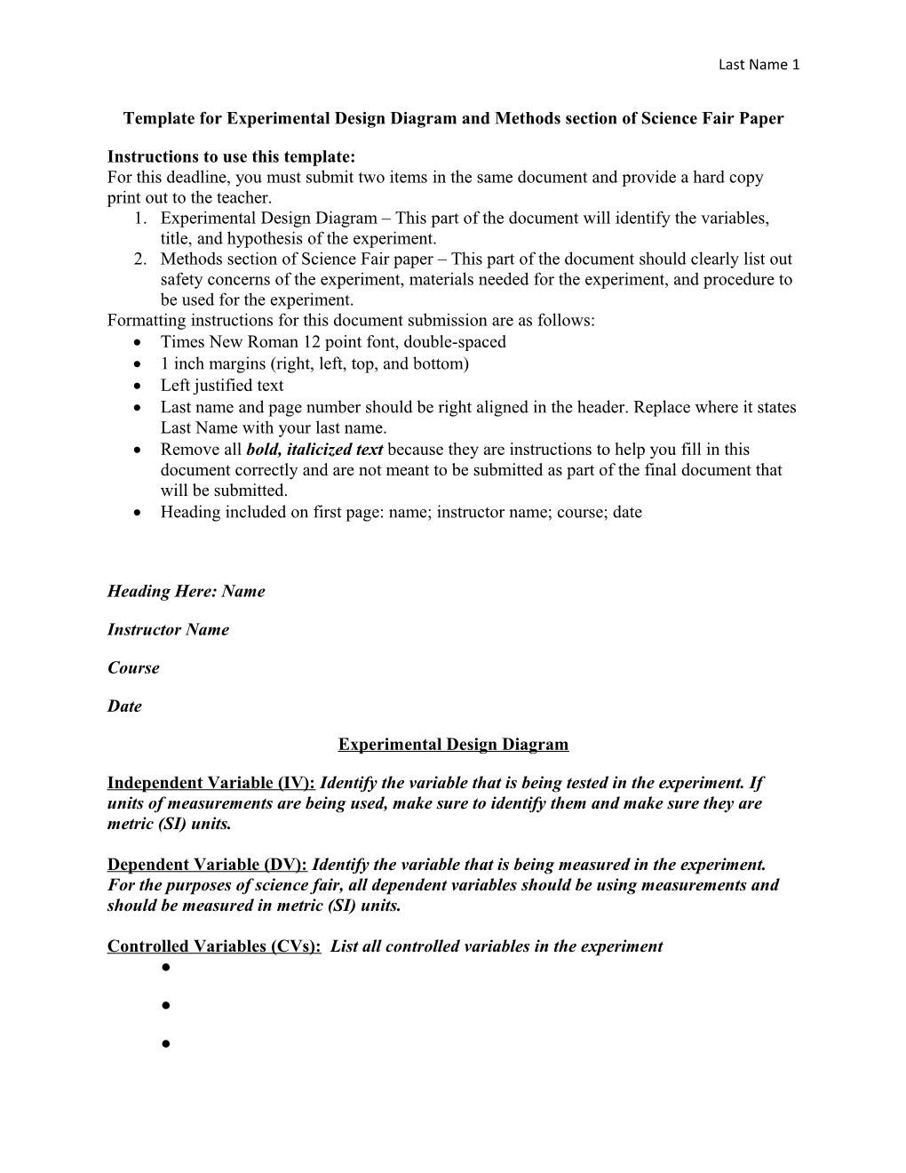 Template for Experimental Design Diagram and Methods Section of Science Fair Paper