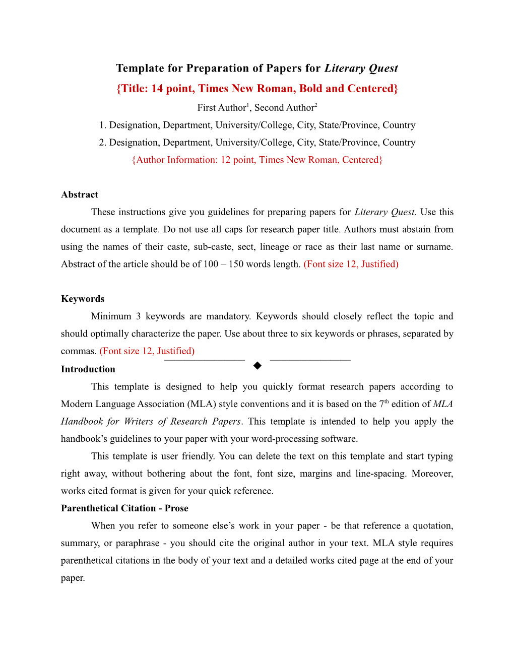 Template for Preparation of Papers for Literary Quest