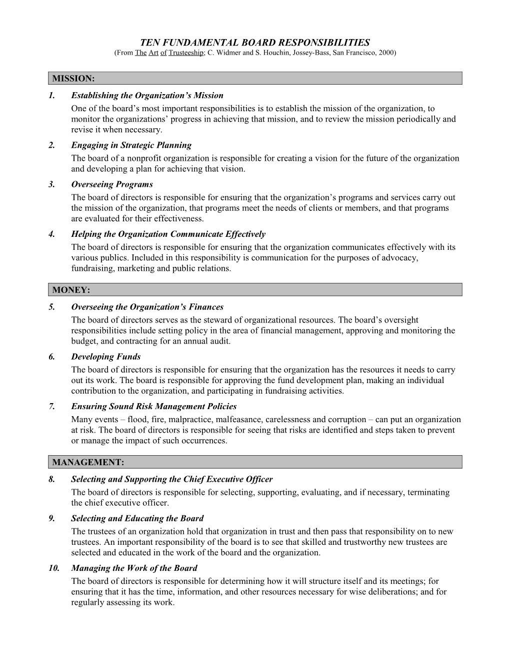 Ten Fundamental Board Responsibilities