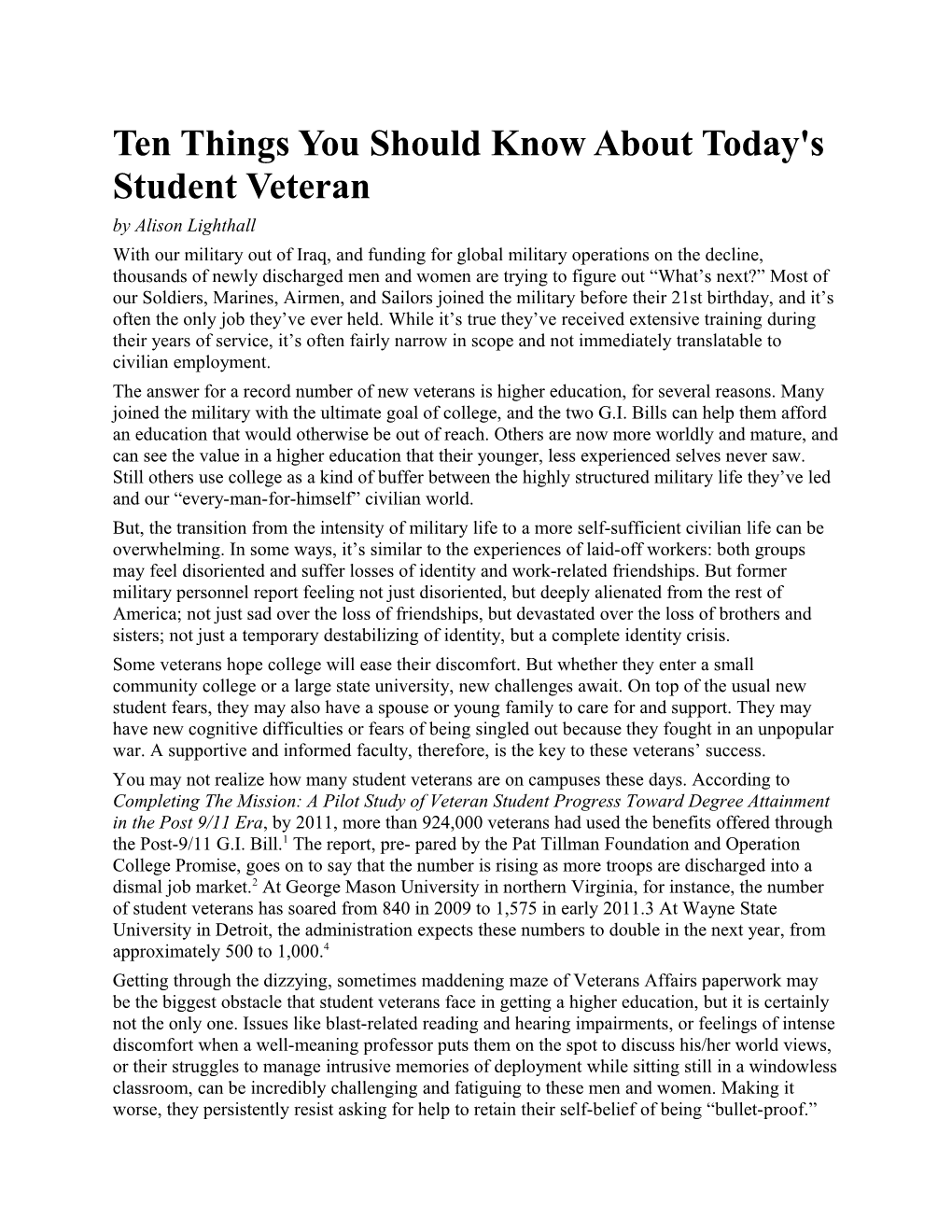 Ten Things You Should Know About Today's Student Veteran