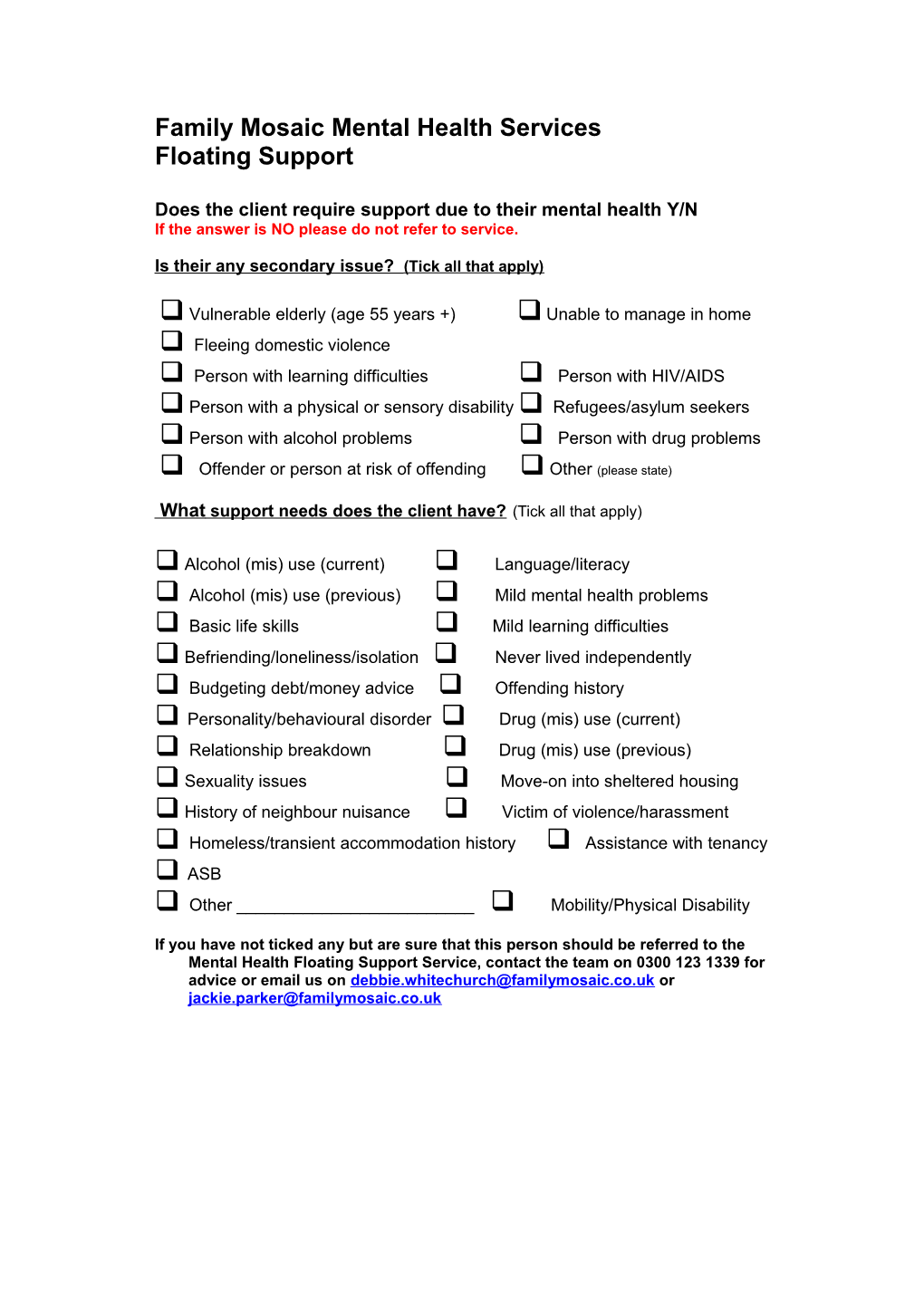 Tenancy Support Family Services Referral Form