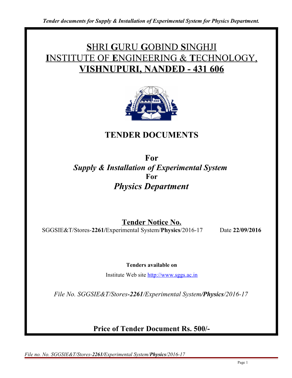 Tender Documents for Supply & Installation of Experimental System for Physics Department