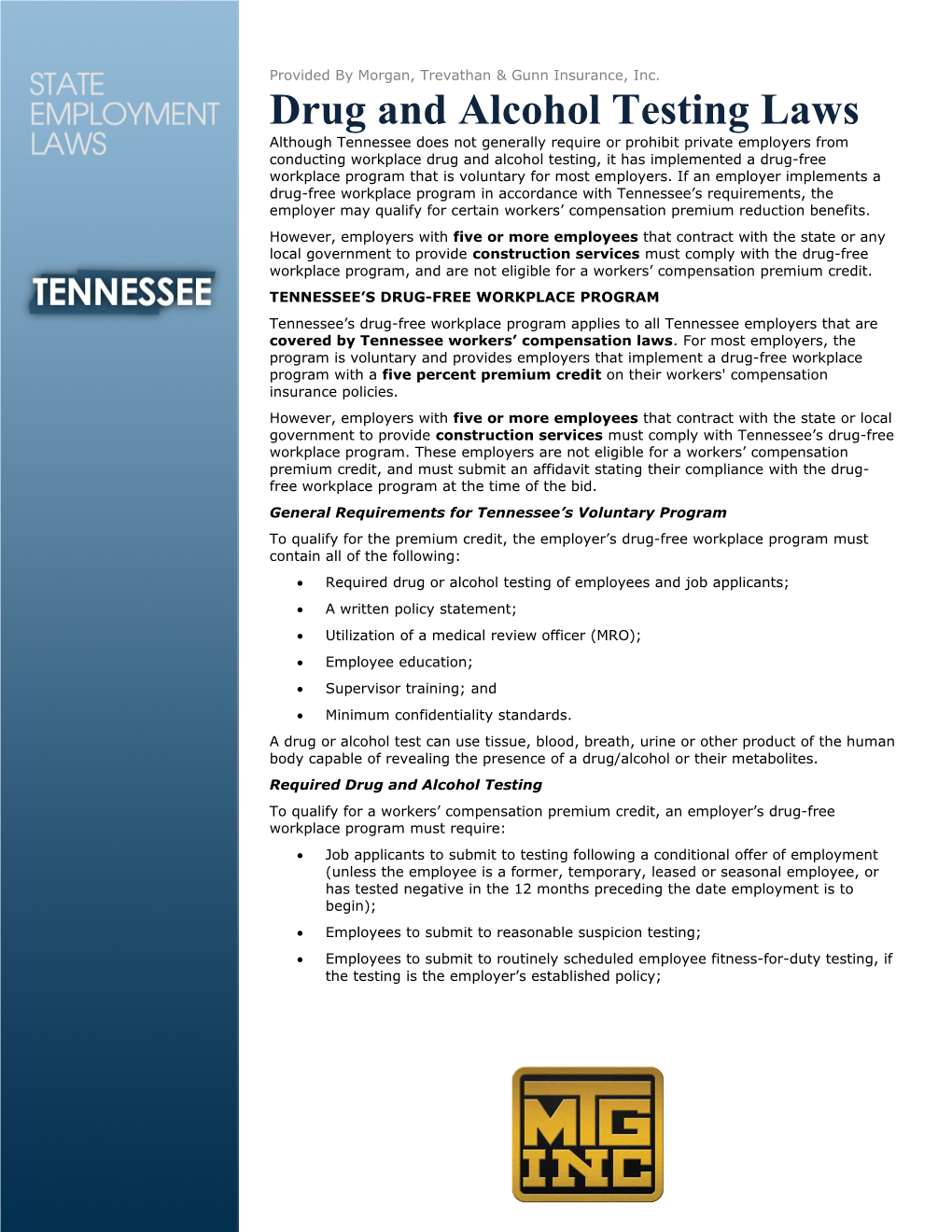 Tennessee S Drug-Free Workplace Program