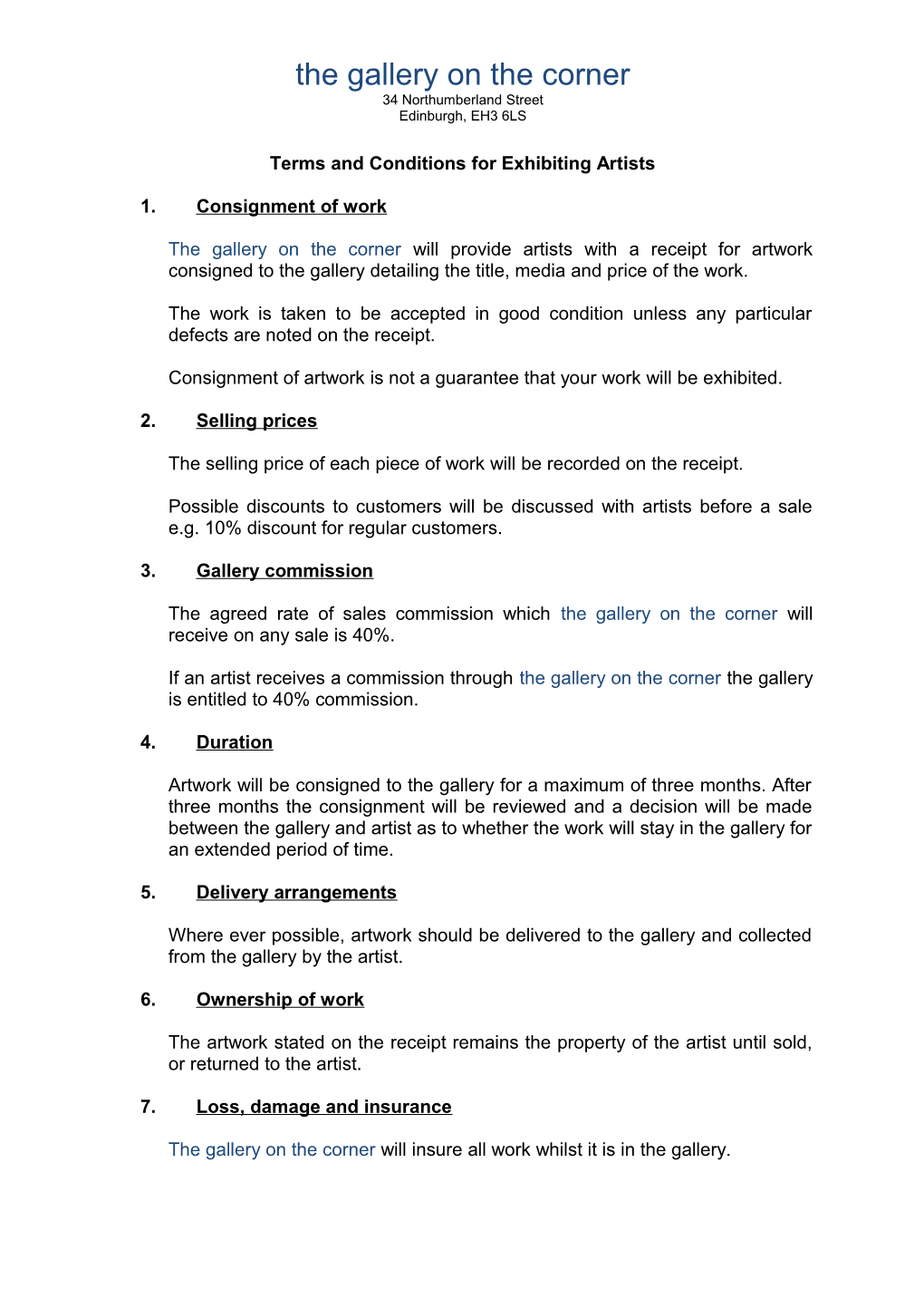 Terms and Conditions for Exhibiting Artists