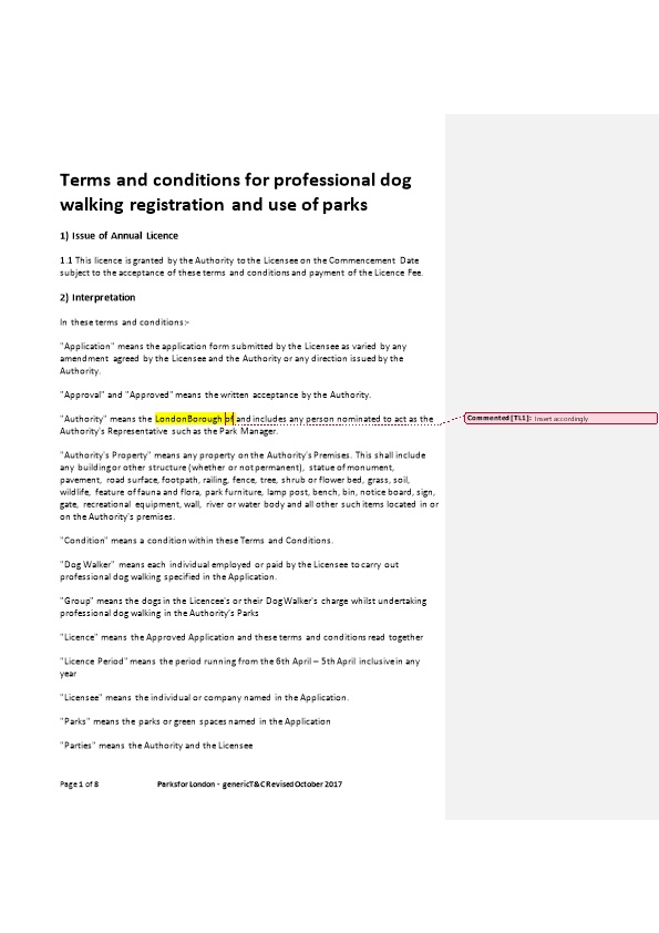 Terms and Conditions for Professionaldog Walking Registration and Use of Parks