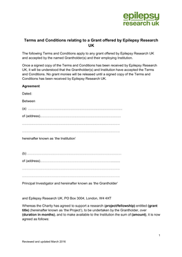 Terms and Conditions Relating to a Grant Offered by Epilepsy Research UK
