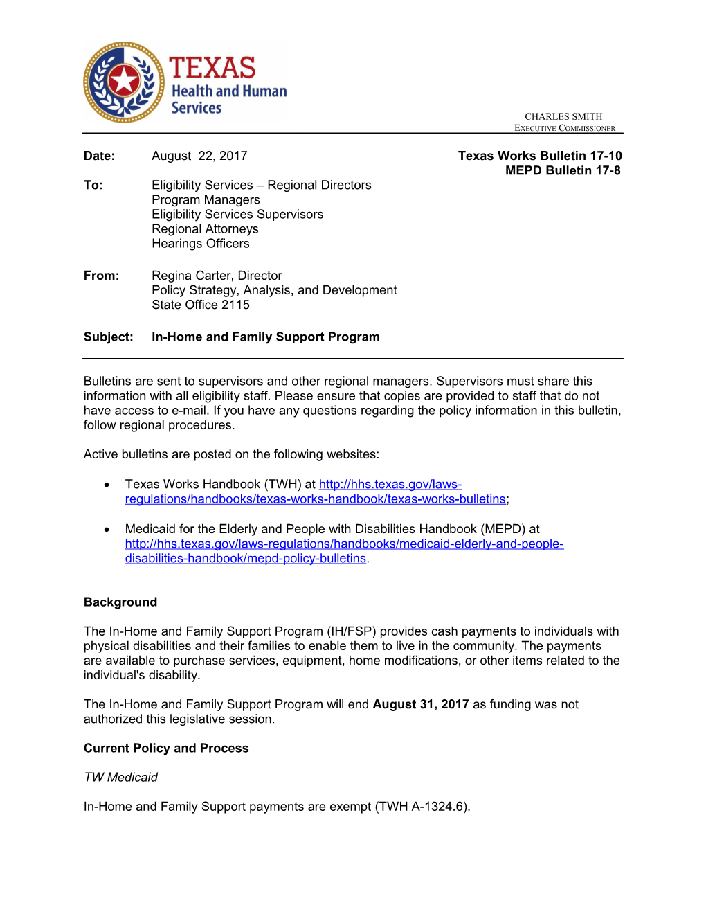 Texas Works Bulletin 17-10 & MEPD Bulletin 17-8