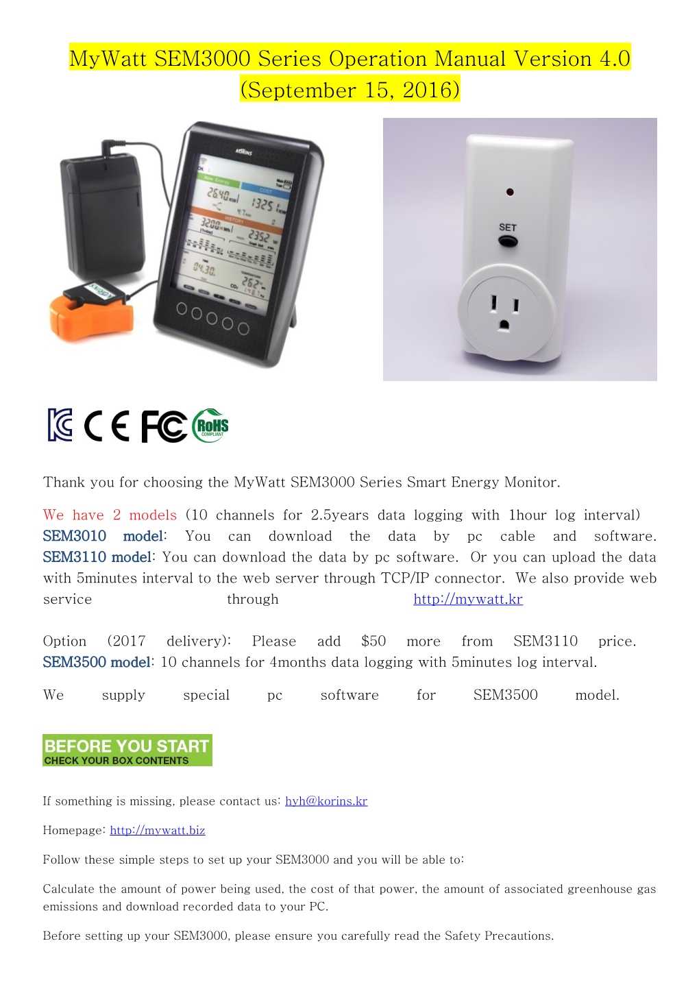 Thank You for Choosing the Mywatt SEM3000 Series Smart Energy Monitor