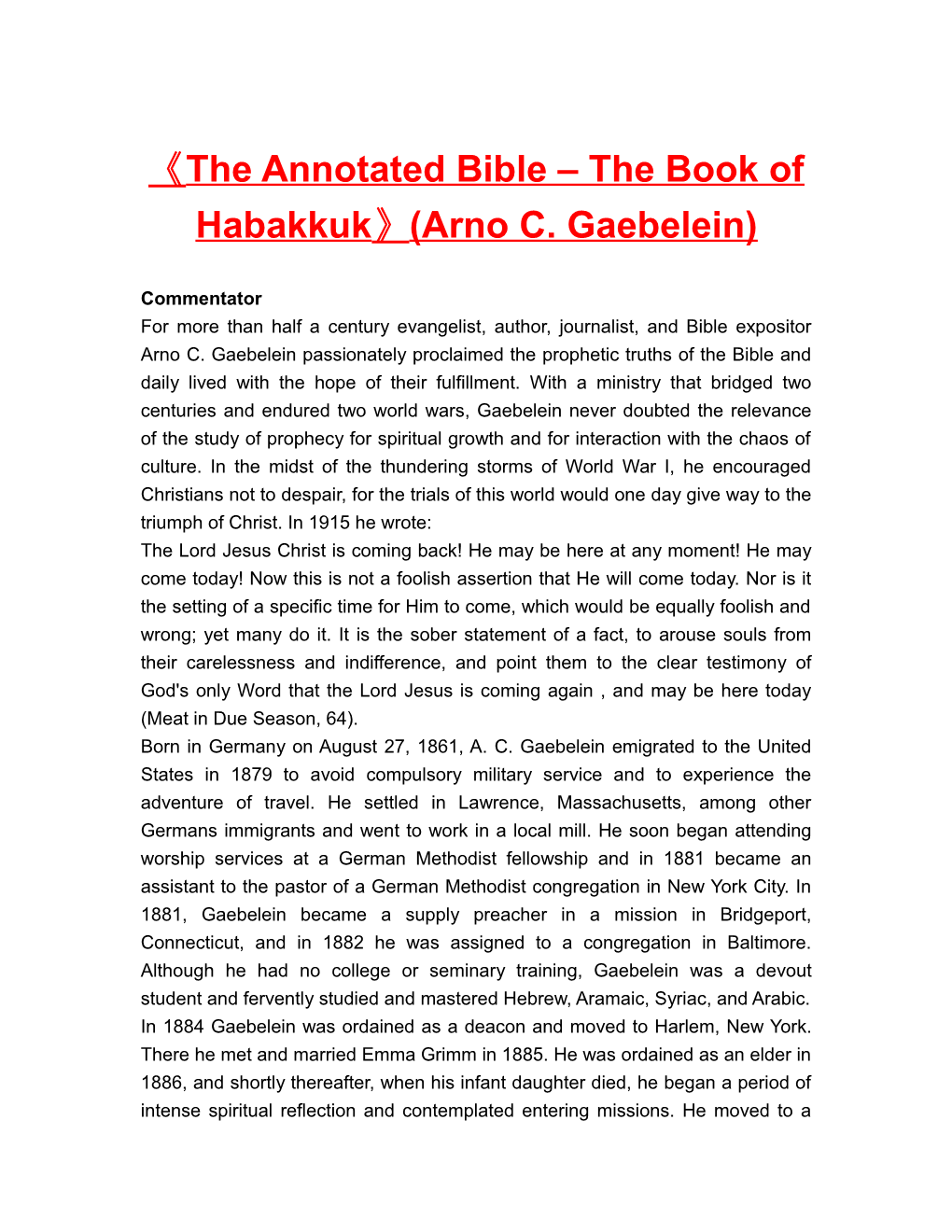 The Annotated Bible the Book of Habakkuk (Arno C. Gaebelein)