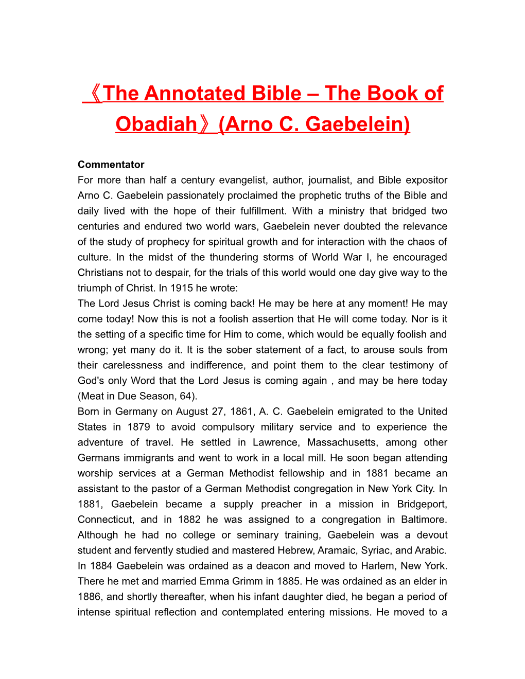 The Annotated Bible the Book of Obadiah (Arno C. Gaebelein)