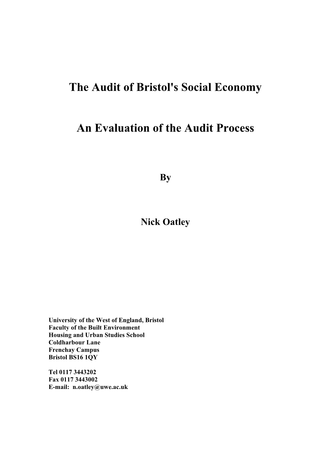 The Audit of Bristol's Social Economy