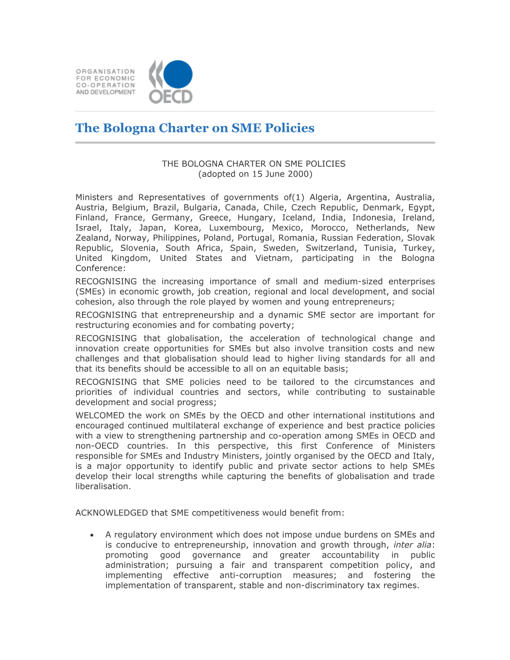 The Bologna Charter on SME Policies