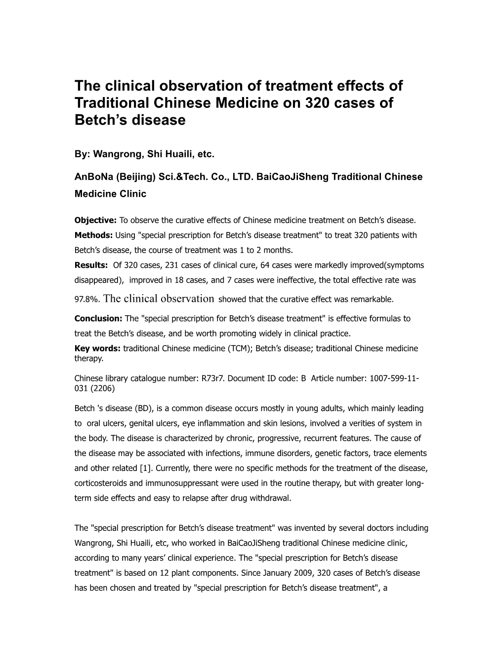 The Clinical Observation of Treatment Effects of Traditional Chinese Medicine on 320 Patients