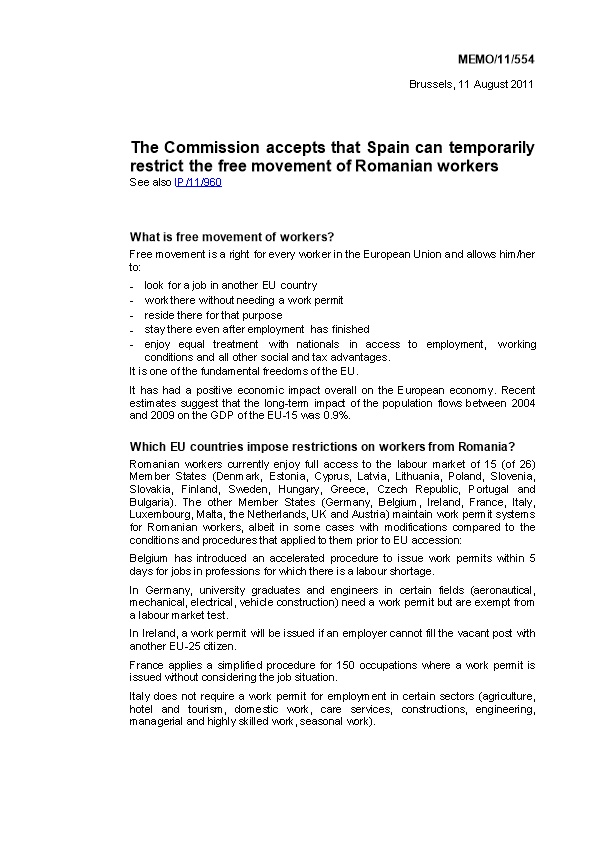 The Commission Accepts That Spain Can Temporarily Restrict the Free Movement of Romanian