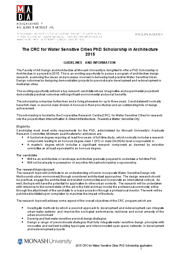 The CRC for Water Sensitive Cities Phd Scholarship in Architecture
