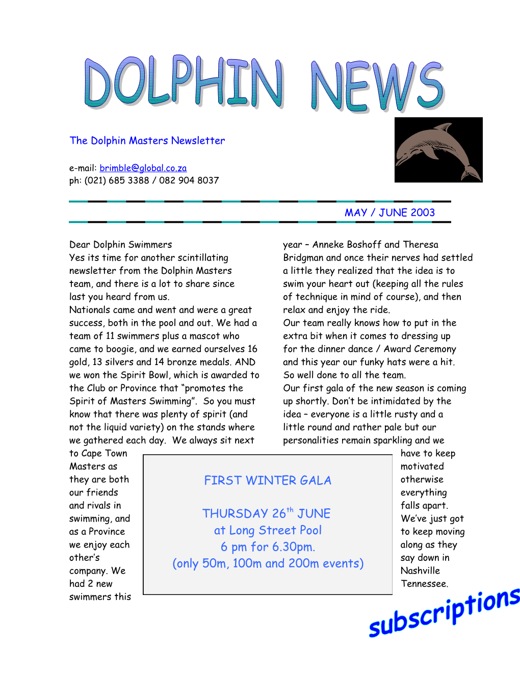 The Dolphin Masters Newsletter