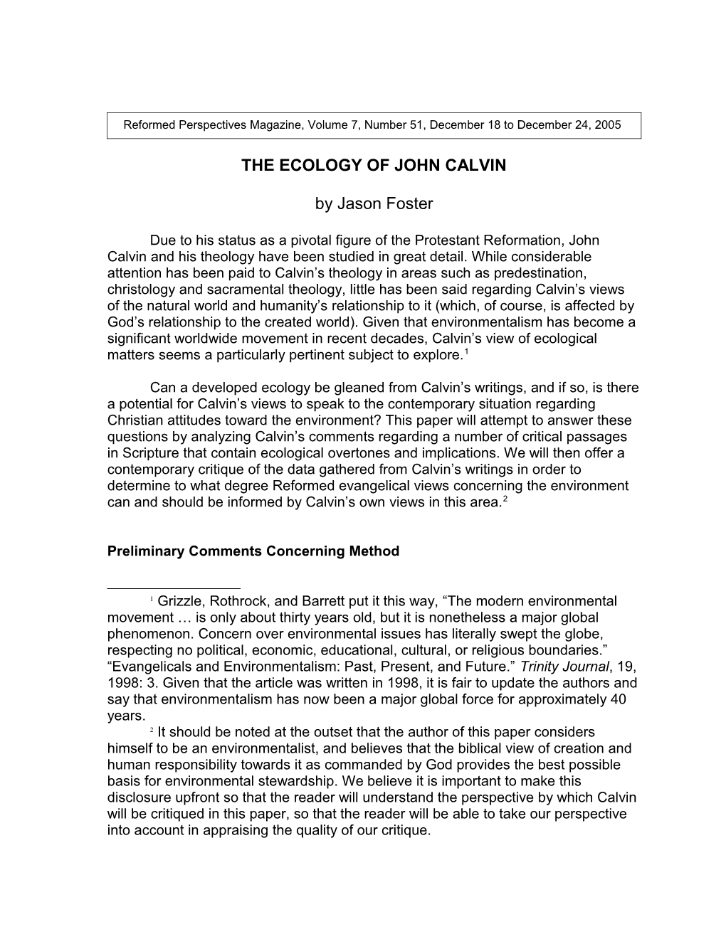 The Ecology of John Calvin
