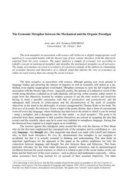 The Economic Metaphor Between the Mechanical and the Organic Paradigm