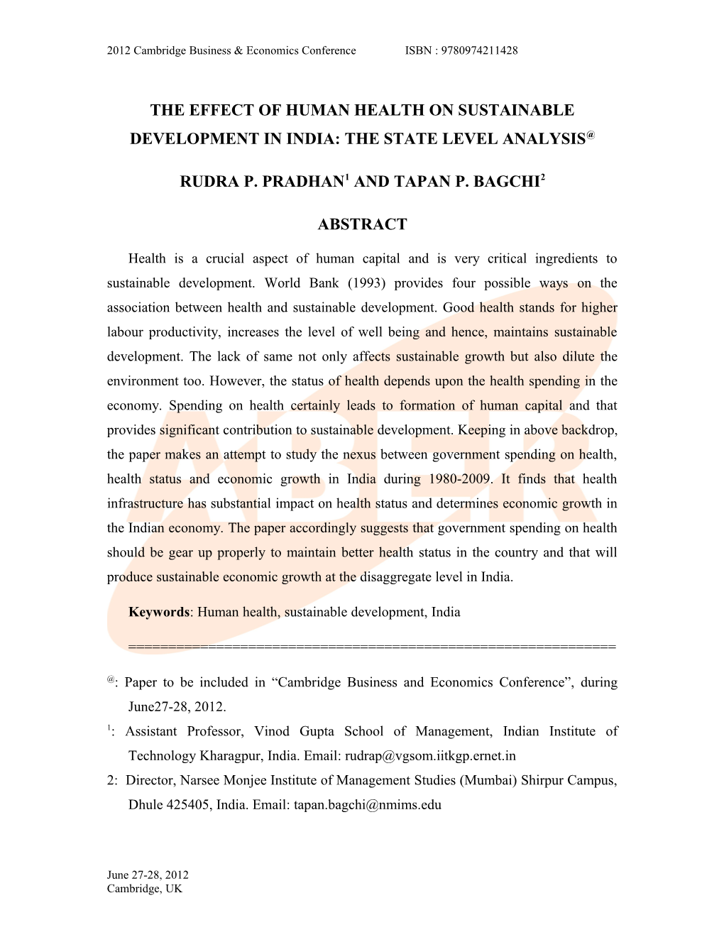 The Effect of Human Health on Sustainable Development in India: the State Level Analysis