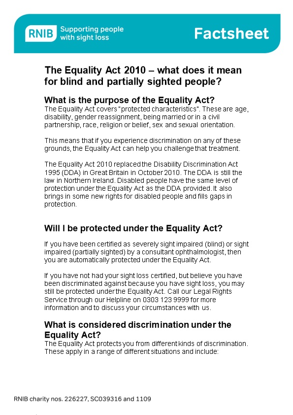 The Equality Act 2010 What Does It Mean for Blind and Partially Sighted People?