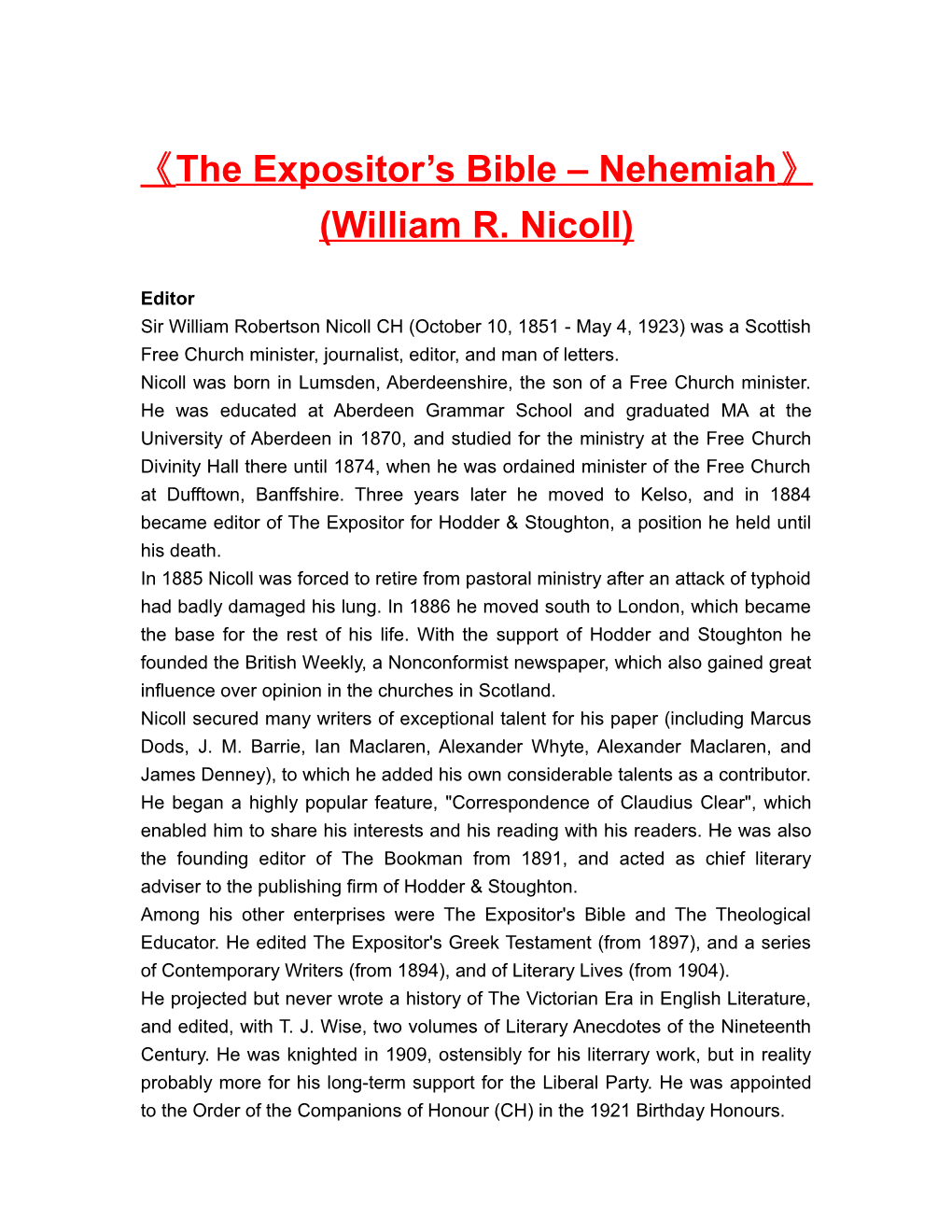 The Expositor S Bible Nehemiah (William R. Nicoll)