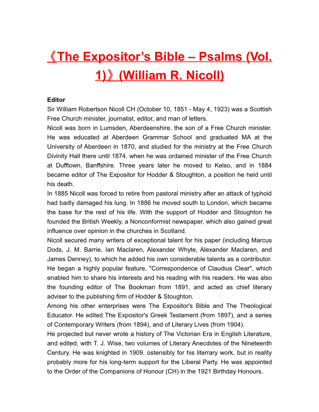 The Expositor S Bible Psalms (Vol. 1) (William R. Nicoll)