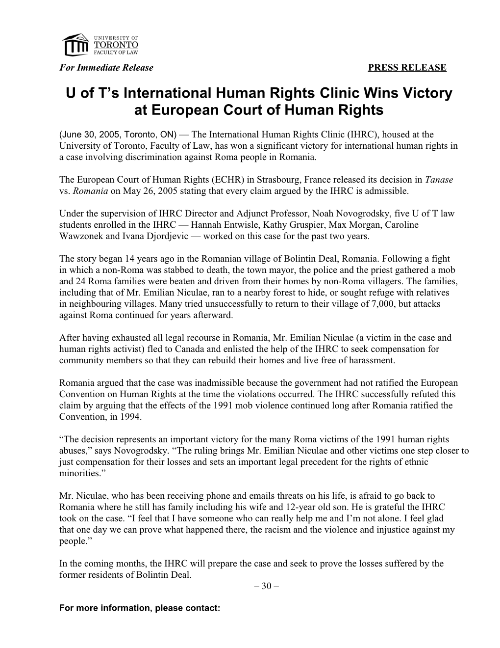 The Faculty of Law S International Human Rights Clinic (IHRC) Has Won an Important Victory