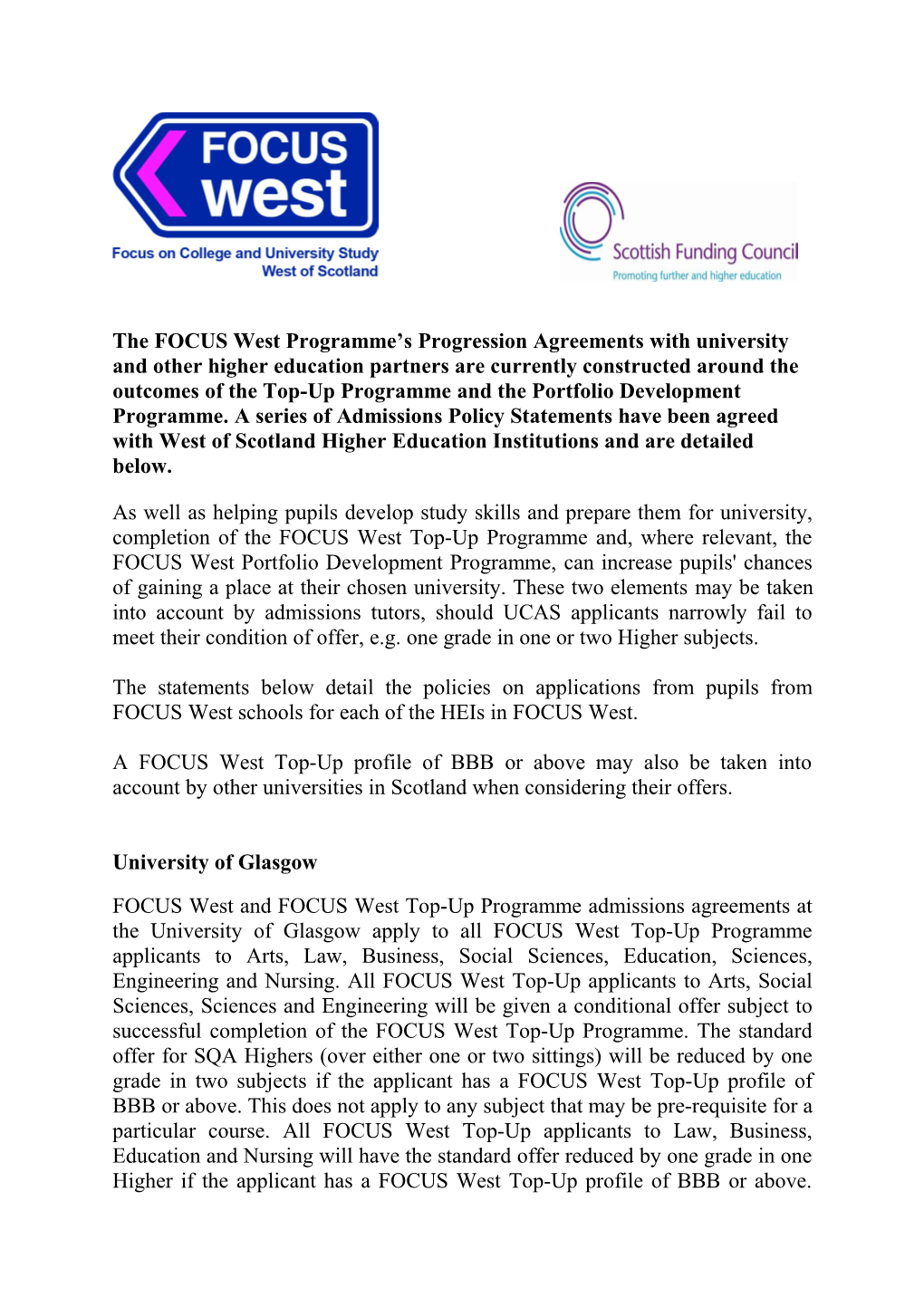 The FOCUS West Programme S Progression Agreements with University and Other Higher Education