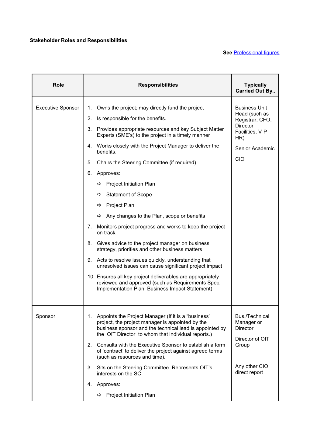 The Following Tables Briefly Describes Each of the Roles and Their Project Responsibilities