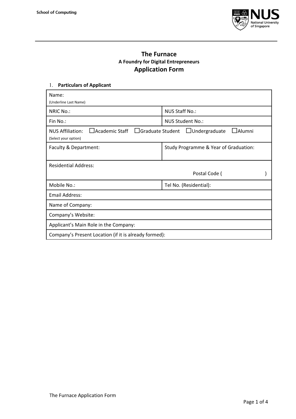 The Furnace Application Formpage 1 of 4