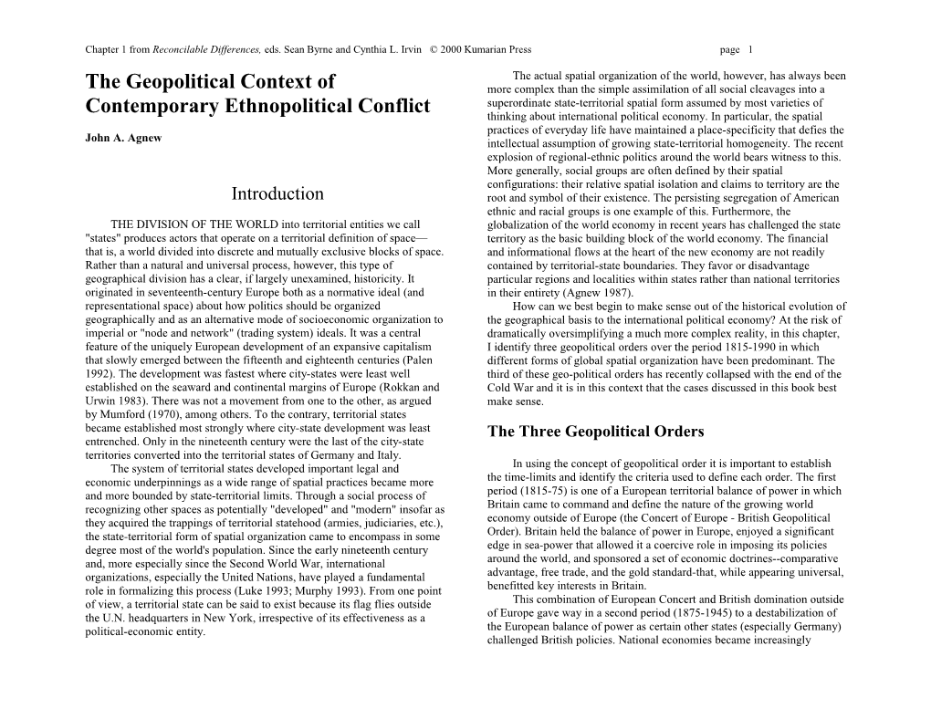 The Geopolitical Context of Contemporary Ethnopolitical Conflict