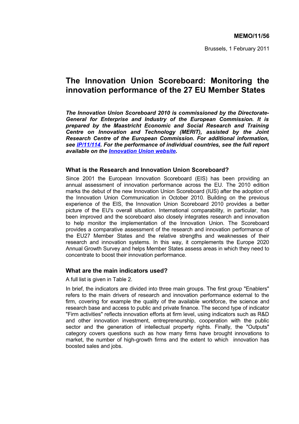 The Innovation Union Scoreboard: Monitoring the Innovation Performance of the 27EU Member