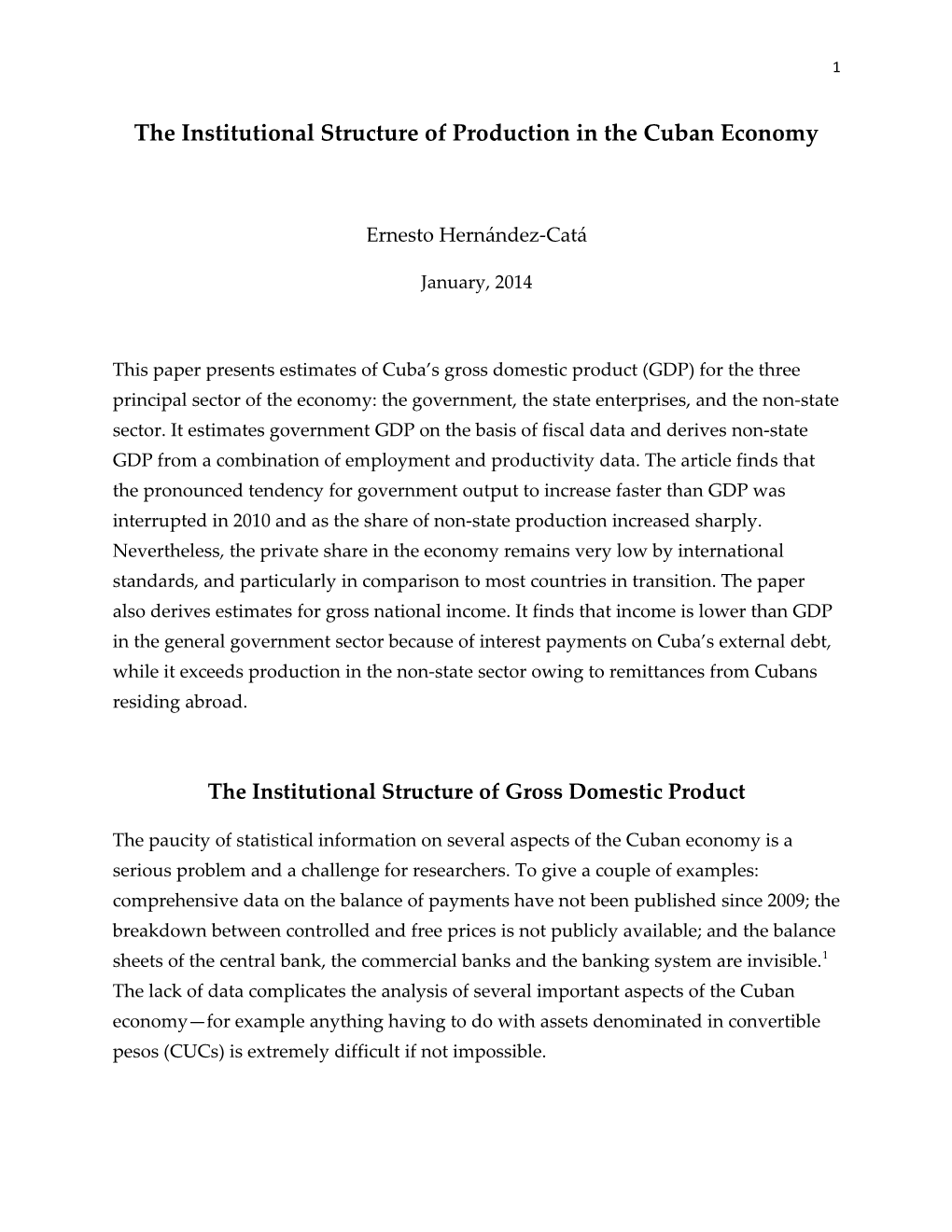 The Institutional Structure of Production in the Cuban Economy