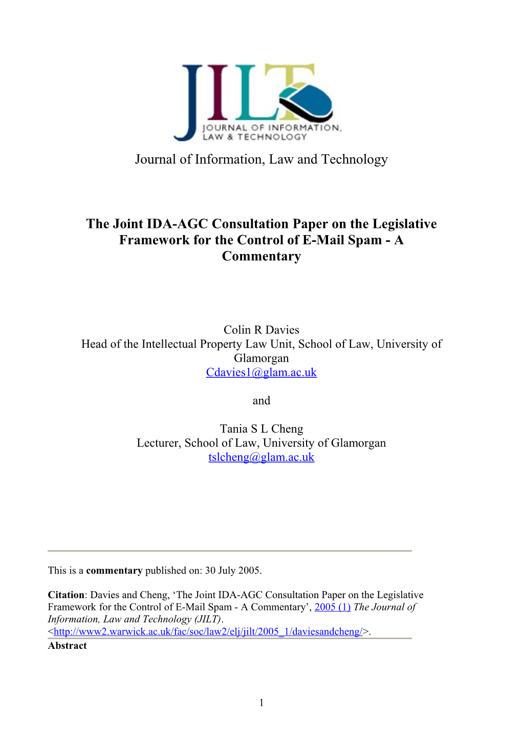 The Joint Ida-Agc Consultation Paper on the Legislative Framework for the Control of E-Mail