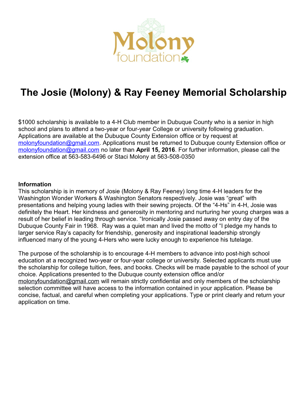 The Josie (Molony) & Ray Feeney Memorial Scholarship