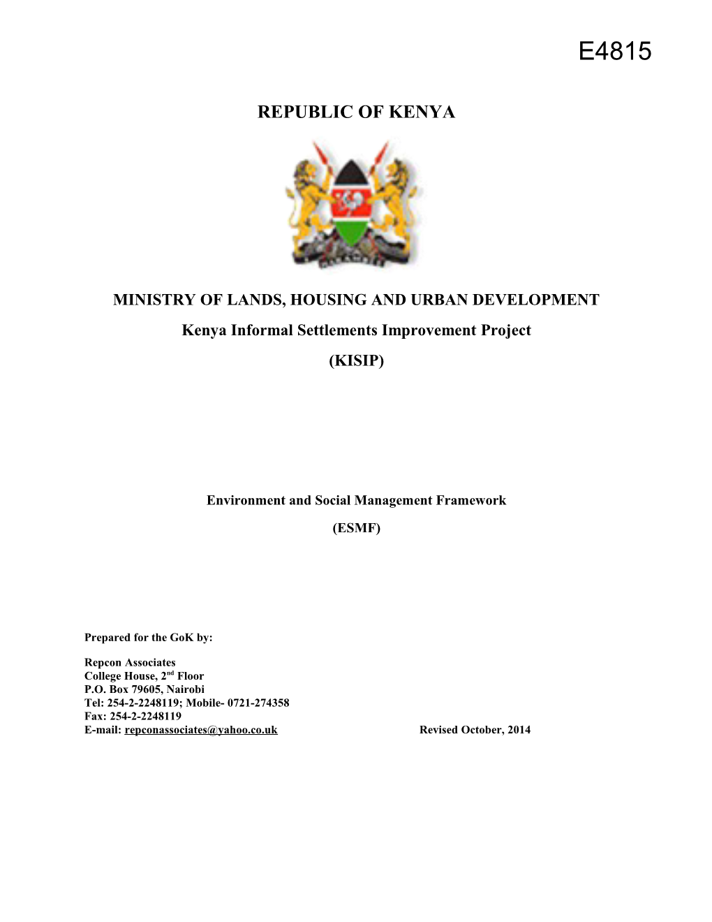 The Kenya Informal Settlements Improvement Programme Environmental and Social Management
