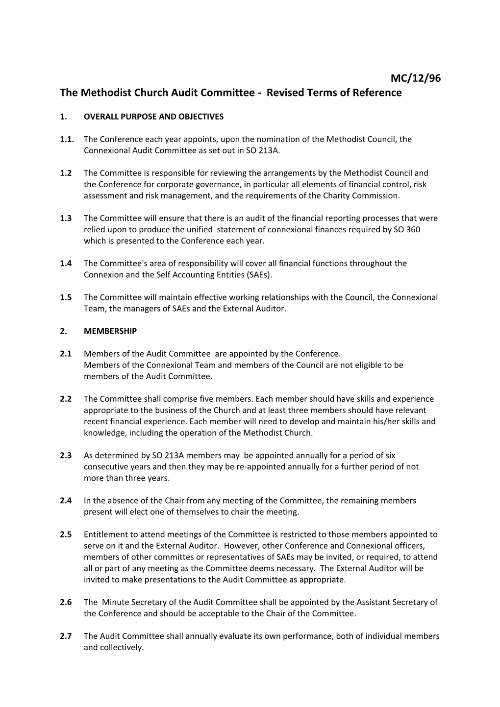The Methodist Church Audit Committee - Revised Terms of Reference