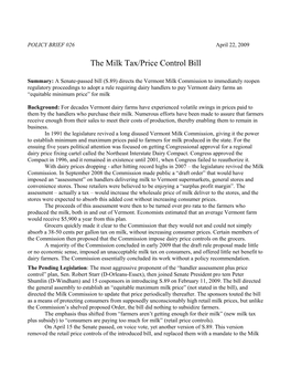 The Milk Tax/Price Control Bill