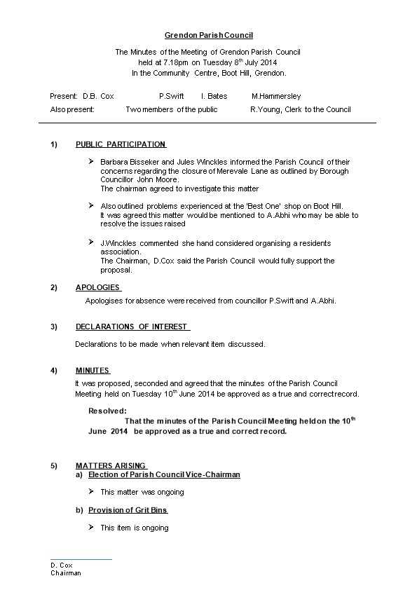The Minutes of the Meeting Ofgrendon Parish Council