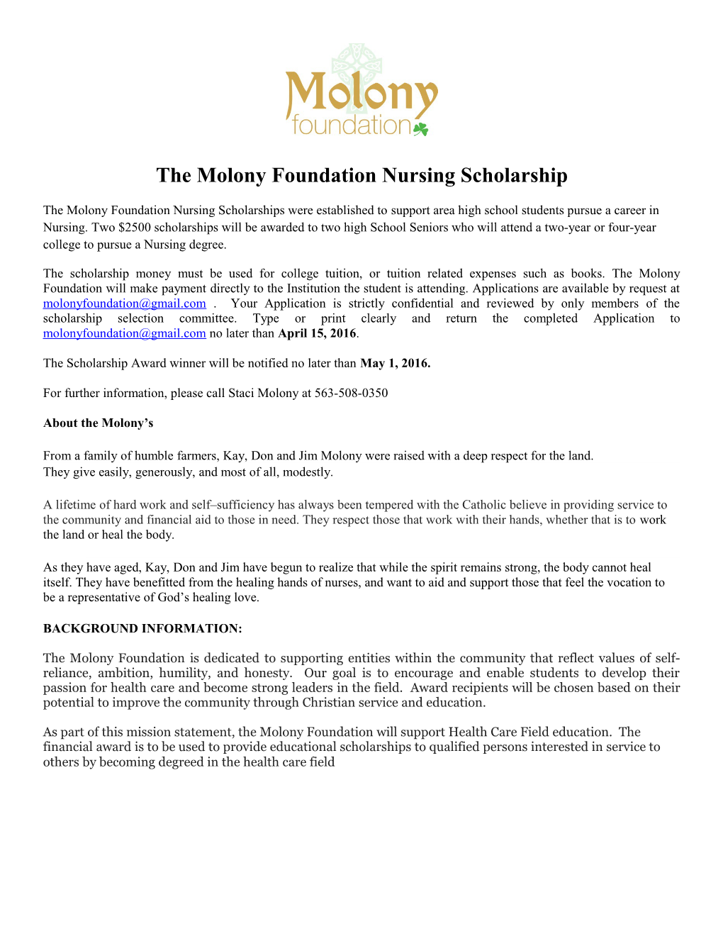 The Molony Foundation Nursing Scholarship
