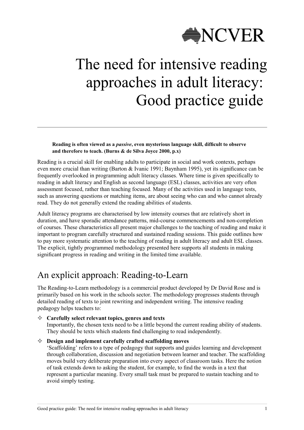 The Need for Intensive Reading Approaches in Adult Literacy: Good Practice Guide