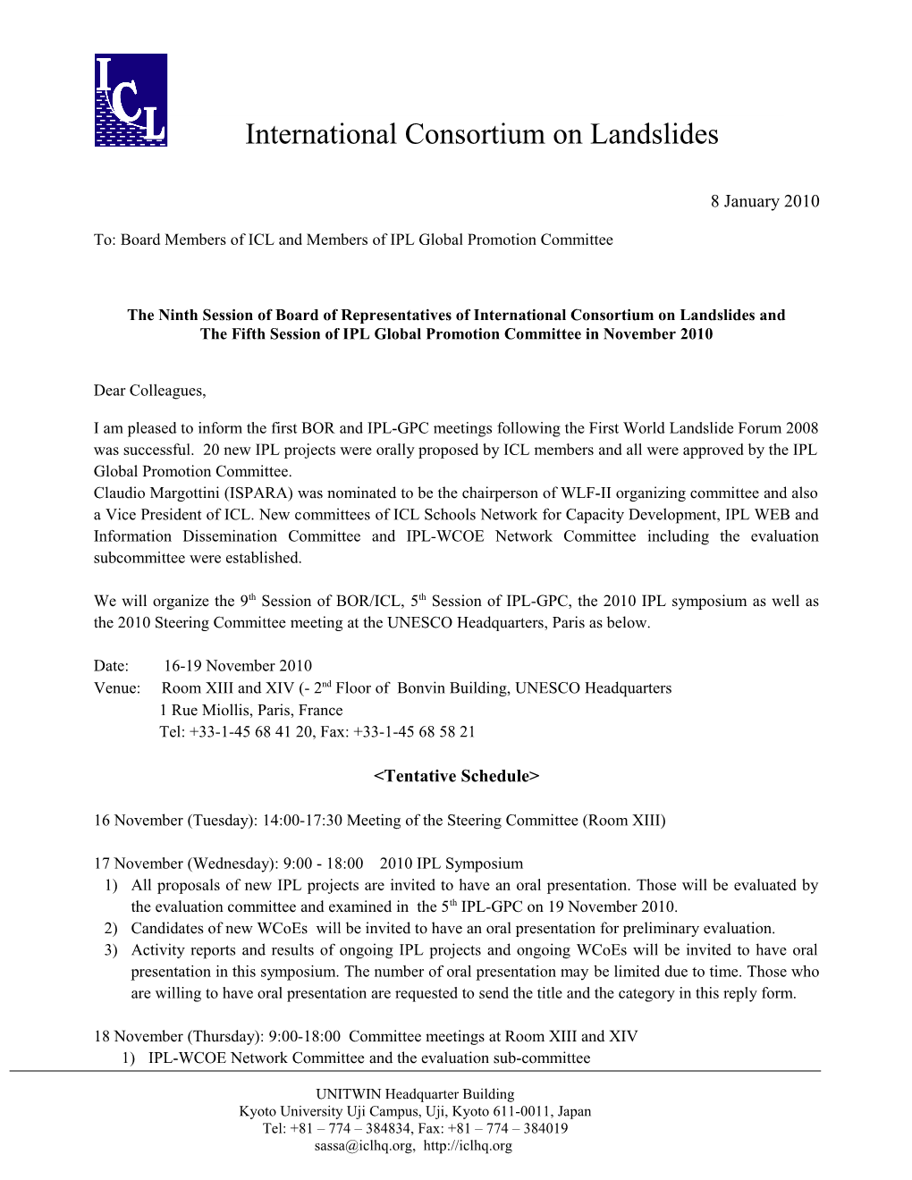 The Ninth Session of Board of Representatives of International Consortium on Landslides And